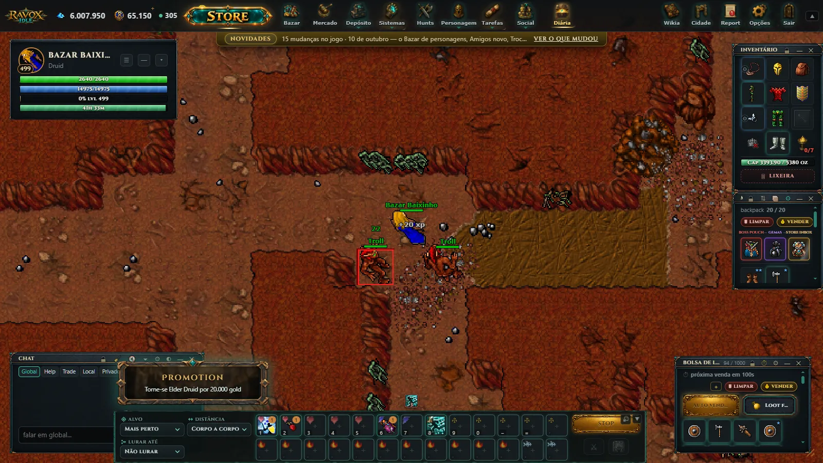 O Ravox Idle rodando: party de 5 enfrentando um boss
